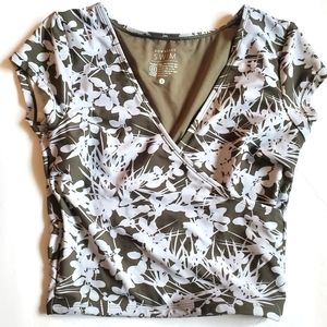 Downeast Swim, Modest Bathing Suit Top, Long, Cap Sleeves, White and Green Khaki